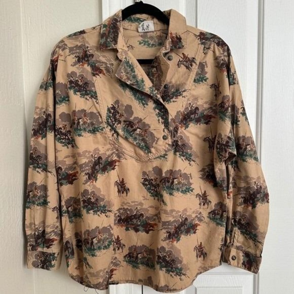 Rare Vintage Roughrider by Circle T All-Over Cowboy Print Western‎ Shirt